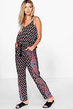 Boohoo Ruth Border Print Tassel Cami Jumpsuit