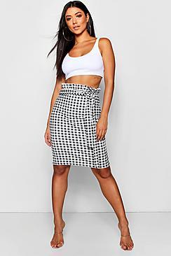 Boohoo Gingham Crepe Paperbag & Tie Midi Skirt