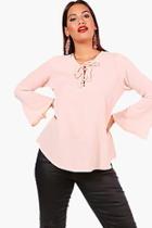 Boohoo Plus Lace Up Front Flare Sleeve Tunic Top