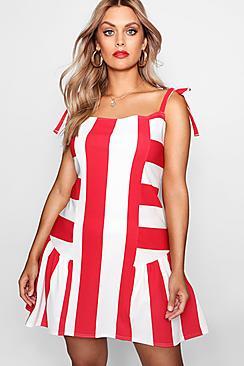 Boohoo Plus Keira Tie Stripe Frill Detail Shift Dress
