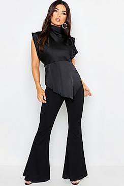 Boohoo Premium Satin High Neck Ruffle Side Top