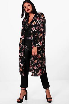 Boohoo Plus Floral Ruffle Cuff Kimono