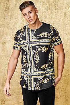 Boohoo Long Line Baroque Tile Print T-shirt With Curve Hem