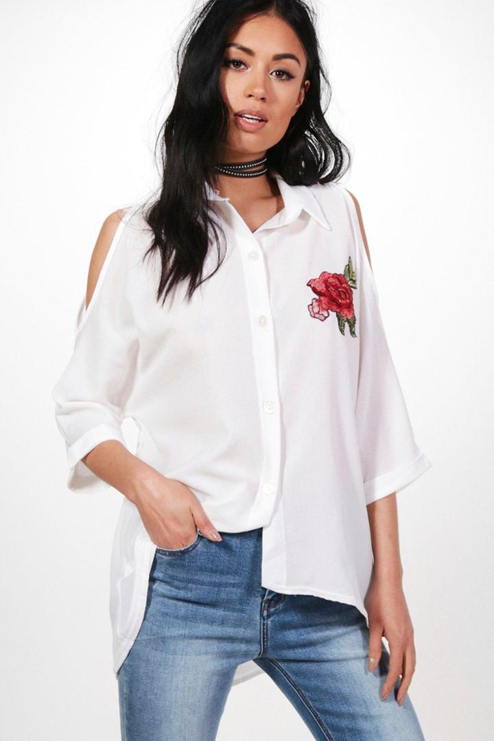 Boohoo Lauren Embroidered Cold Shoulder Shirt Cream