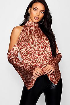 Boohoo Cold Shoulder Leopard Print Top