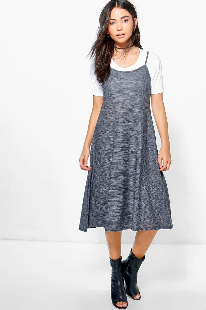 Boohoo Victoria Knitted Strappy Swing Dress Charcoal