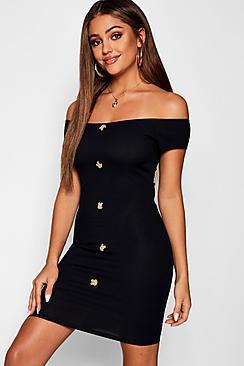 Boohoo Bardot Ribbed Horn Button Front Mini Dress