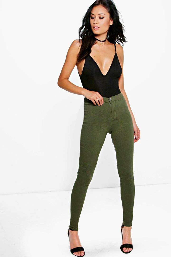 Boohoo Lara Khaki High Rise Tube Jeans Khaki