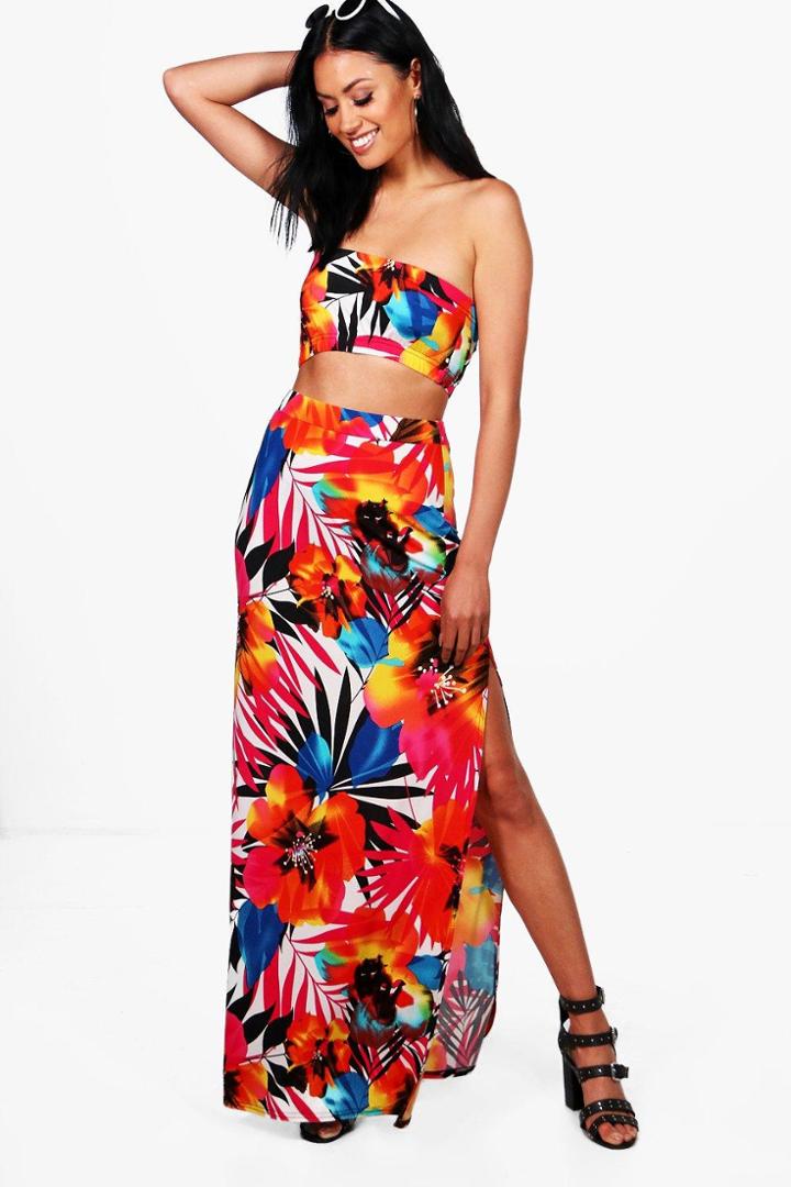 Boohoo Krissy Bandeau & Tropical Maxi Skirt Co-ord Multi