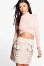 Boohoo Nevada Pocket Front Faux Suede Mini Skirt Sand