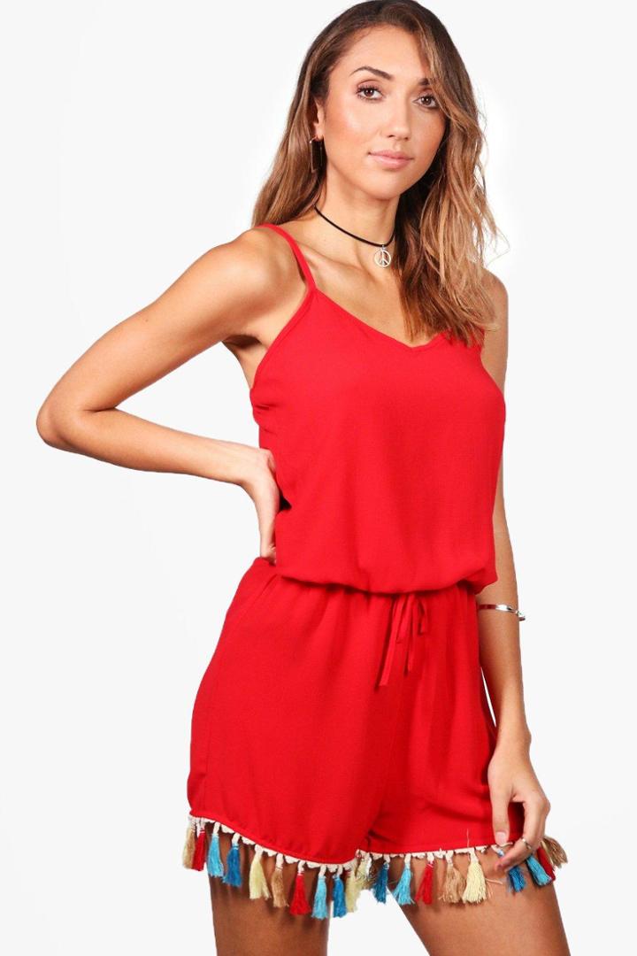 Boohoo Willow Tassel Trim Beach Playsuit Coral
