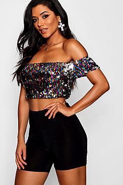 Boohoo Ashleigh Rainbow Sequin Bardot Crop