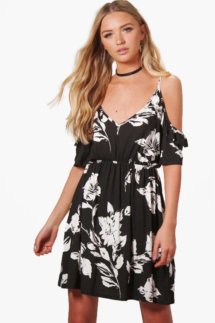 Boohoo Jade Floral Cold Shoulder Ruffle Skater Dress Black