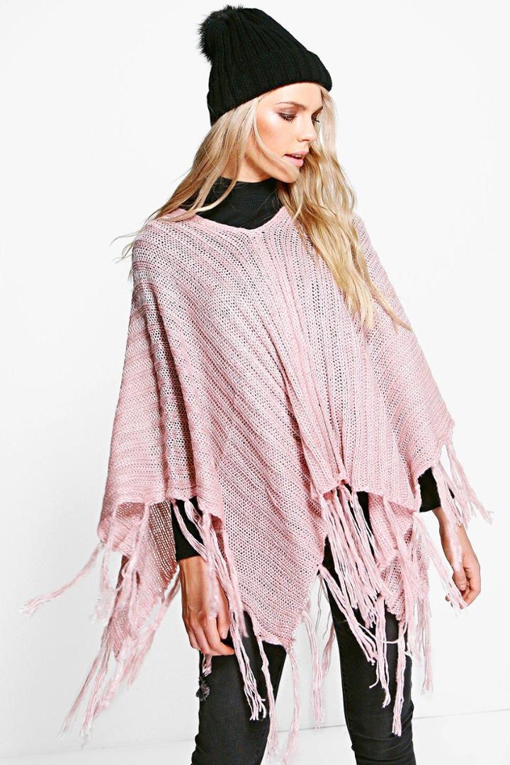 Boohoo Eliza Knitted Tassel Poncho Pink