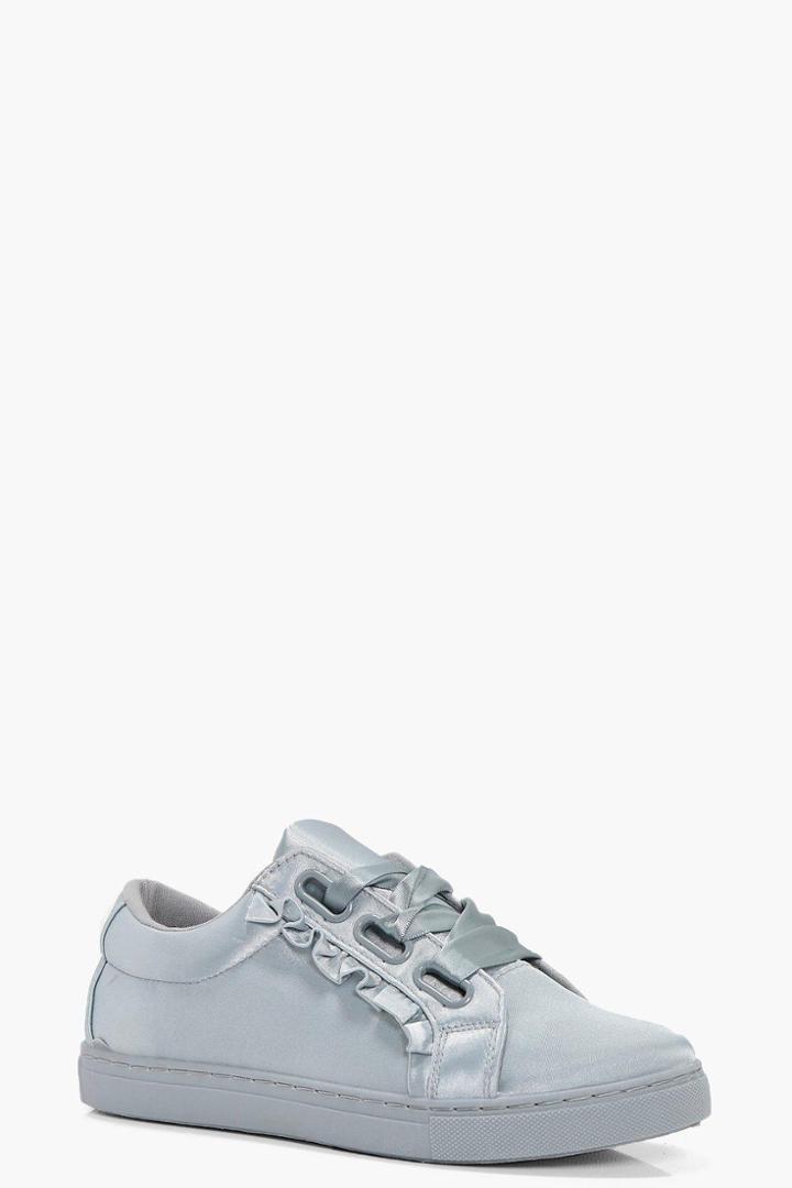 Boohoo Olivia Frill Trim Ribbon Lace Trainer Grey