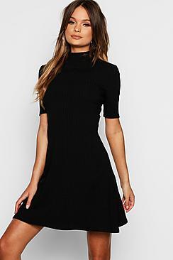 Boohoo Turtle Neck Rib Knit Swing Dress