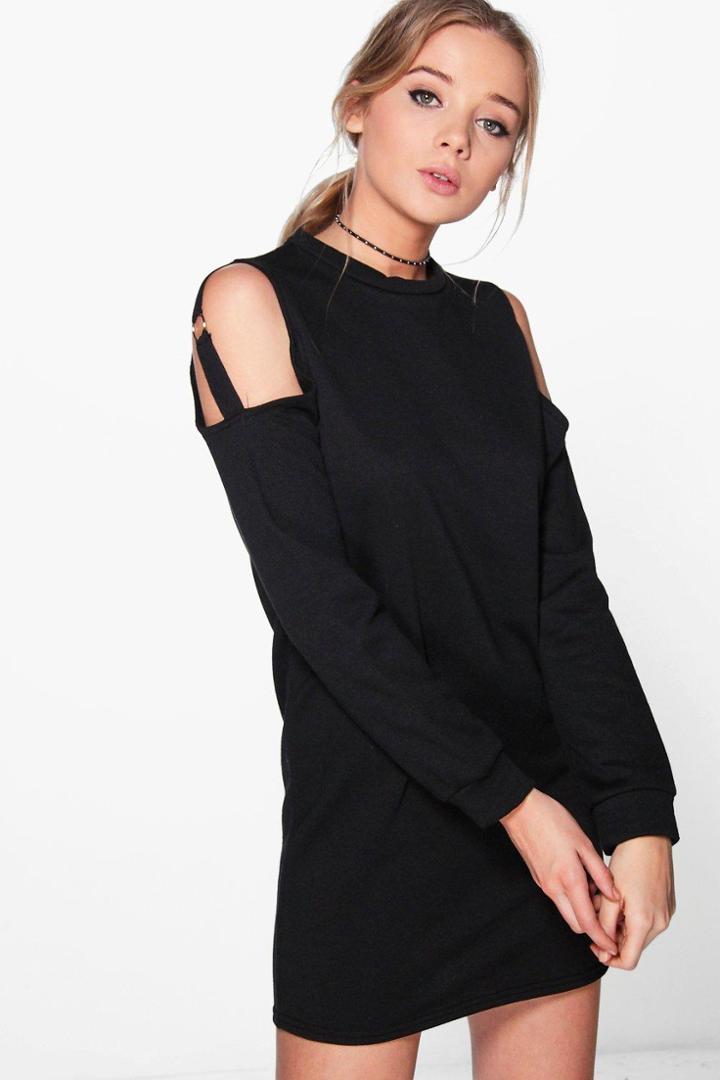 Boohoo Olivia O Ring Cold Shoulder Sweat Dress Black