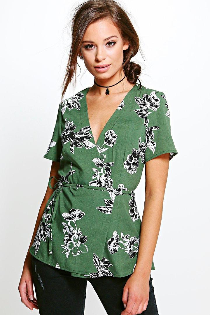 Boohoo Valerie Printed Peplum Top Khaki