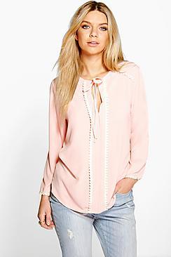 Boohoo Alice Crochet Trim Tie Neck Woven Blouse