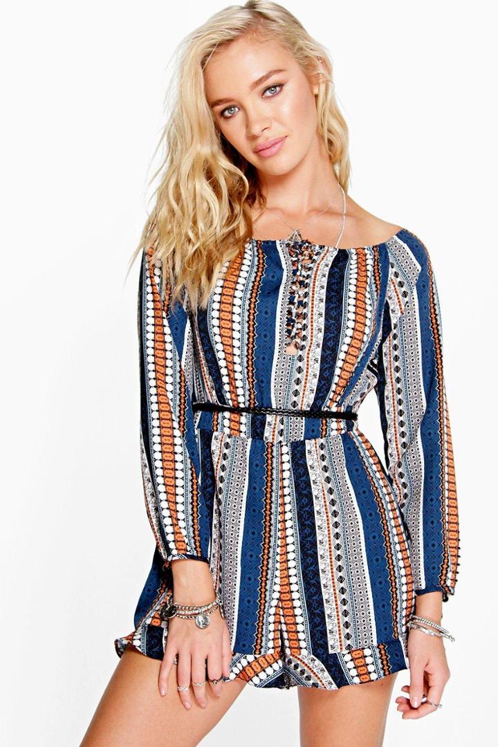 Boohoo Aryah Lace Up Front Frill Hem Playsuit Multi