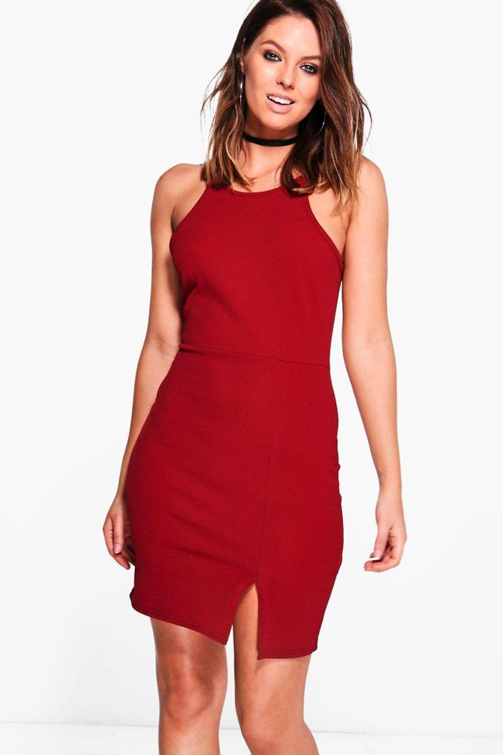 Boohoo Uma Crepe Strappy Front Split Bodycon Dress Berry