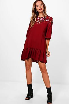 Boohoo Kaya Embroidered Folk Shift Dress