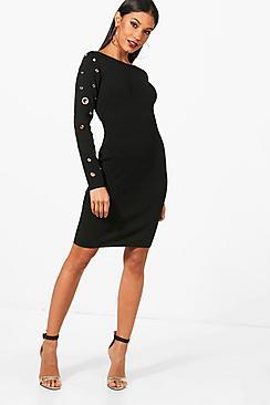 Boohoo Faye Eyelet Sleeve Detail  Knitted Dress