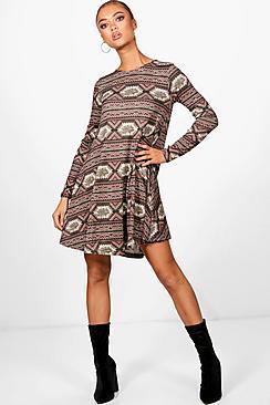 Boohoo Adira Aztec Brushed Knitted Swing Dress