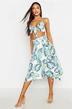 Boohoo Hanky Hem Palm Print Midi Skirt
