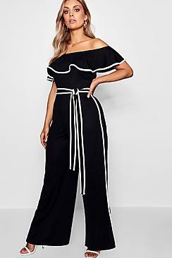 Boohoo Plus Anna Contrast Binding Bardot Jumpsuit