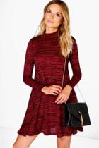 Boohoo Hayley High Neck Marl Knit Swing Dress Ruby