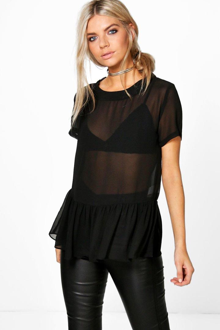 Boohoo Ria Frill Hem Woven Top Black
