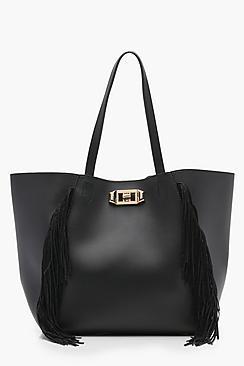 Boohoo Olivia Fringe & Lock Shopper Bag