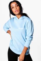 Boohoo Bella Fit Slogan Running Hooded Sweat Blue