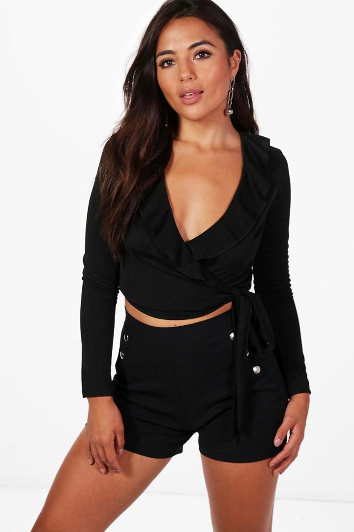 Boohoo Petite Eliza Ruffle Wrap Front Crop Top Black