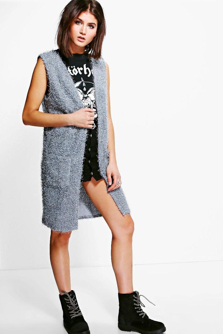 Boohoo Rachel Sleeveless Fluffy Cardigan Grey