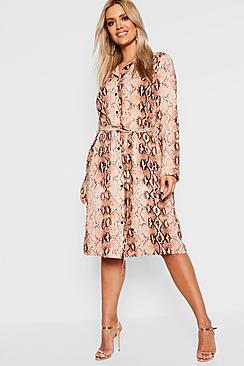 Boohoo Plus Snake Print Belted Shirt Dress