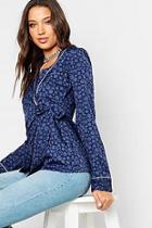 Boohoo Tall Printed Wrap Front Contrast Binding Blouse