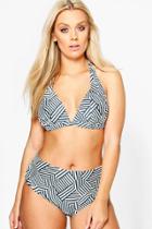 Boohoo Plus Soph Geometric Stripe Print High Waist Bikini Multi