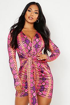 Boohoo Snake Print Slinky Drape Detail Bodycon Dress