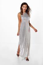 Boohoo Petite Julia Drop Armhole Sequin Maxi Dress Silver