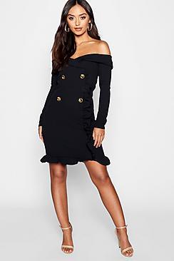 Boohoo Petite Bardot Tuxedo Button Mini Dress