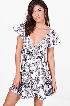 Boohoo Freya Ruffle Angel Sleeve Skater Dress