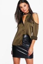 Boohoo Olivia Cold Shoulder Satin Shirt Copper