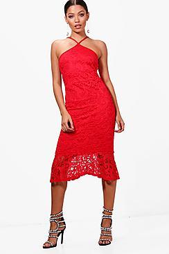 Boohoo Lace Plunge Front Fluted Hem Midi Dress