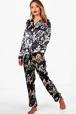 Boohoo Georgina Dark Floral Shirt & Trouser Set