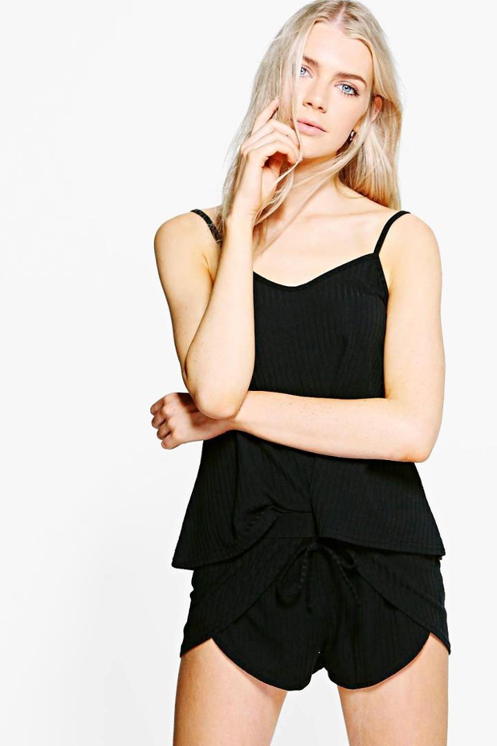 Boohoo Eloise Rib Knit Lounge Shorts & Tank Top Set Black