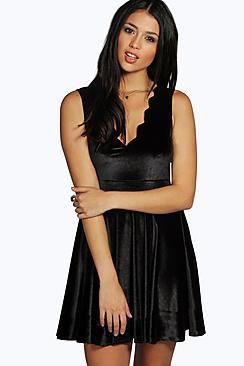 Boohoo Violet Velvet Scallop Edge Skater Dress