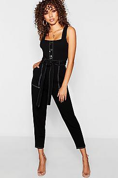 Boohoo Topstitch Mixed Size Button Jumpsuit