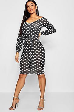 Boohoo Polka Dot Off The Shoulder Rouched Sleeve Dress